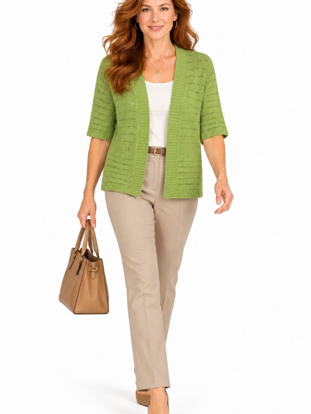 GG150 Kim Rogers Womens Medium Green Open Front Pointelle Knit Cardigan USA
